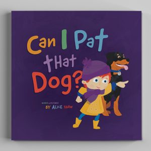 front cover of a children's book showing a gilr wearing a yellow raincoat and a beanie, and her black and tan dog.