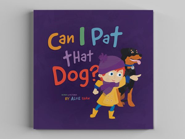 front cover of a children's book showing a gilr wearing a yellow raincoat and a beanie, and her black and tan dog.